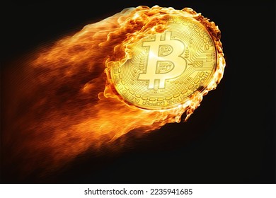 bitcoin crypto-currency with B symbol on fire flying high. Isolated on BLACK background. Crypto asset for the futuristic virtual gold. Bullish Bitcoin hits all-time high new record. Photo composition