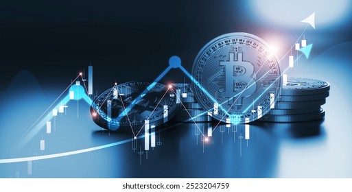 Bitcoin Cryptocurrency coins chart trending price up trend digital financial cash money market trending price concept, futuristic virtual digital graph chart price, 3D illustration banner background