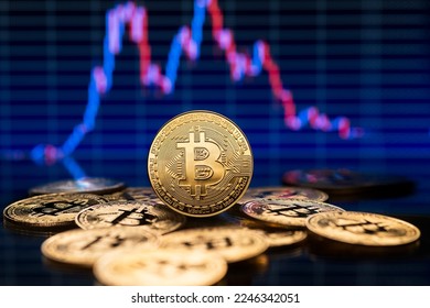 Bitcoin and cryptocurrency investing concept with graph. Bitcoin cryptocurrency coins. Trading on the cryptocurrency exchange. Trends in bitcoin exchange rates. Rise and fall chart of bitcoin. - Shutterstock ID 2246342051