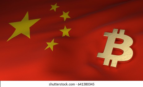 Bitcoin Currency Symbol On Flag Of China