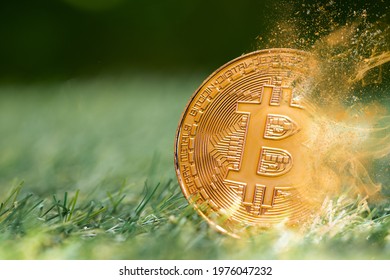 Bitcoin Digital Cryptocurrency Losing Value Price Fall Drop Breaking Down Concept. Crypto Money Coin Explosion Dispersion Fade Out Effect.