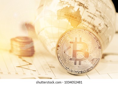 Bitcoin Digital Currency, Modern Of Exchange Digital Money Near Global Model AUSTRALIA Map With Radar Background. Concept Of Blockchain System Crisis, Business Finance And Investment Risk Ideas.