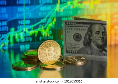 Bitcoin With Dollar Banknote Background.
