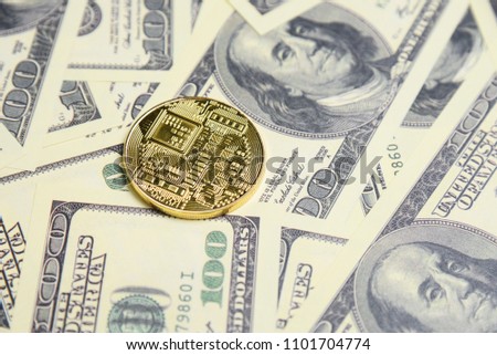 Bitcoin and dollars background texture close up macro. Bussines modern concept network