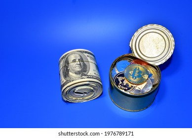 Bitcoin And Dollars In Tin Can. Keeping Money And Cryptocurrency In Metal Food Can. Сrypto Coin XRP Ripple, Ethereum Is Hidden In Container. BTC Mining Cryptocurrency And Investing In Blockchain 