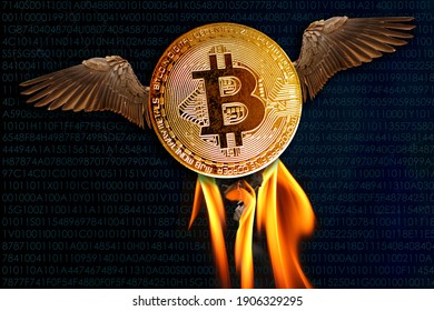 Bitcoin e-cryptocurrency with wings flies in blue sky with clouds, peer-to-peer payment system, concept of rise and fall of course