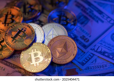 Bitcoin And Ethereum Coins On US Dollar Banknotes, Trading Crypto Assets Concept