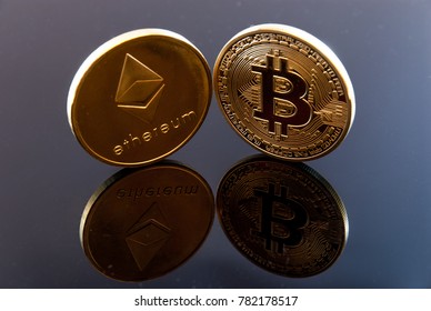 Bitcoin Ethereum Concept Coins With Reflexions 