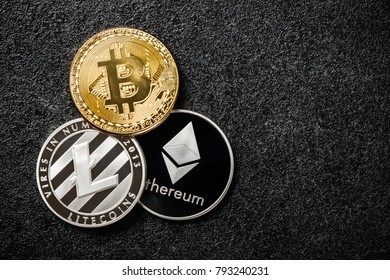 Bitcoin, Ethereum, Litecoin Coins On Black Background