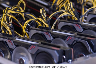 Bitcoin Farm And Crypto Mining Is Close-up Of Internet Technology. Mining Cryptocurrency Rig On Video Cards Close-up.