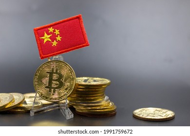 Bitcoin With Flag Of China Are On Black Background