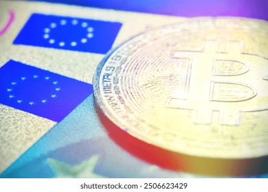 Bitcoin in front of Europe union flag. Digital cryptocurrency. - Powered by Shutterstock