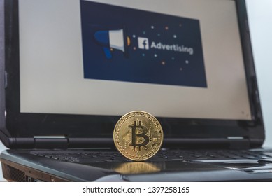 Bitcoin In Front Of An Facebook Adverting Photo, Facebook Open Up Bitcoin Adds, Cryptocurrency And Blockchain , Sydney Australia , 5/10/2019