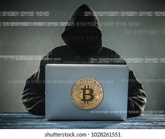 Bitcoin Gold Coin And Anonymous Hacker Sittign With Laptop. Virtual Danger Of Cryptocurrency.