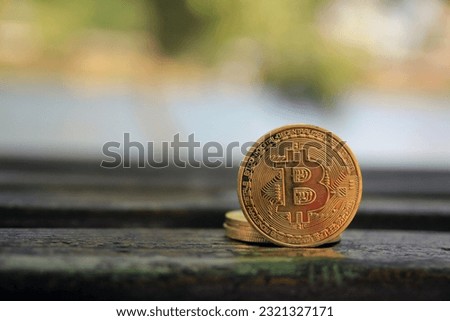 Bitcoin gold coin on wooden table with natural background, Bitcoin coin business concept. Bitcoin cryptocurrency. Bitcoin coin electronic money model.