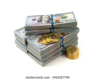 Bitcoin Gold Coins On US Dollar Bills.