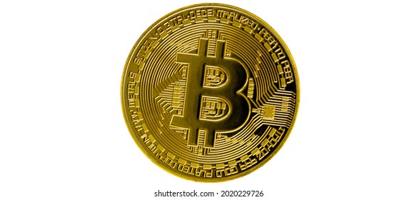 Bitcoin isolated on white background. Cryptocurrency - photo of golden bitcoin physical gold coin. Symbol of the crypto currency.