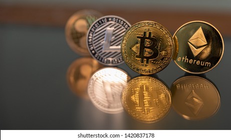 Bitcoin Litecoin Ethereum Ripple Coin In A Line 