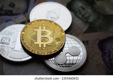 Bitcoin And Litecoin, Ripple Ethereum Coins. Close-up.