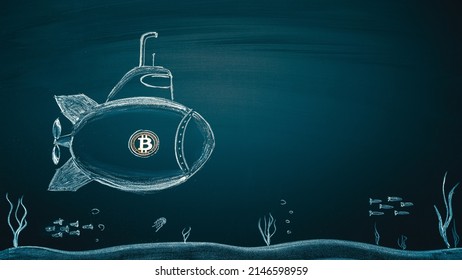 Bitcoin logo bathyscaphe launcher, cryptocurrency concept, recession symbol, falling Bitcoin price, discount price idea