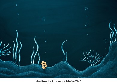 Bitcoin logo on sea bottom, recession symbol, falling Bitcoin price, discount price idea