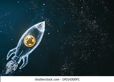 Bitcoin logo rocket launcher, cryptocurrency concept. The growth rate of the gold coin for designers and breaking news. Bitcoin to the moon classic rocket Illustration.