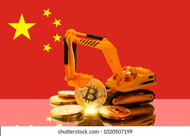 Bitcoin Mining Concept; Miniature Excavator And Bitcoin Coins (physical Version) Against The Background Of The Flag Of China