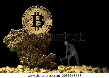 Bitcoin mining in deep golden cave - 3d