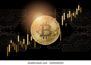 bitcoin on abstract printed circuits and bargraph  on black background