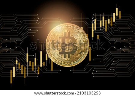 bitcoin on abstract printed circuits and bargraph  on black background