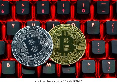 Bitcoin on compuer keyboard in background, symbol of electronic virtual money and mining cryptocurrency concept. Coin crypto currency bitcoin lies on the keyboard. Bitcoin on keyboard.