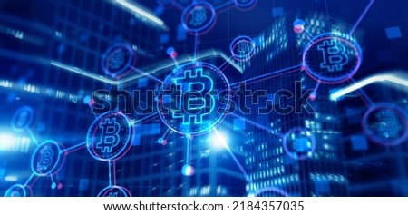 Bitcoin on corporate skyscrapers and office blocks background. Cryptocurrency future Technology.