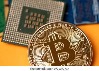 Bitcoin on cpu microprocessor, digital currency concept, crypto mining and trading.