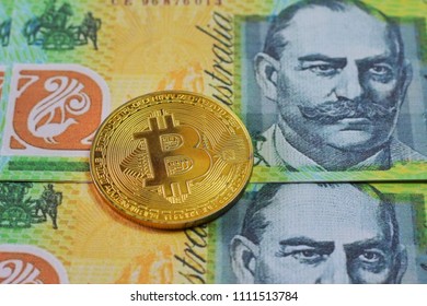 bitcoin on dollar australia banknotes background stock photo 1111513784 shutterstock