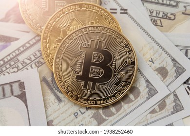 Bitcoin On The Mock Up Cash. Cryptocurrency Digital Money Concept