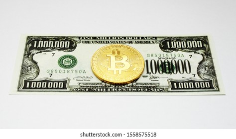 Bitcoin On One Million Dollar Bill On White Background