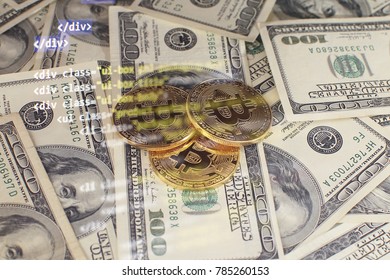 Bitcoin and one cent coin on US dollar bills, macro shot - Shutterstock ID 785260153