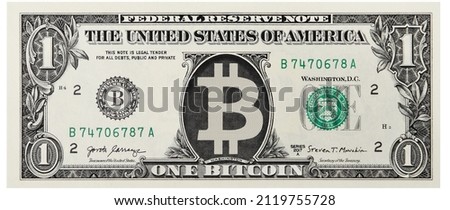 Bitcoin to one dollar bill banknote , series 2017 A with the portrait of Bitcoin , American money banknote, vintage retro, United States of America