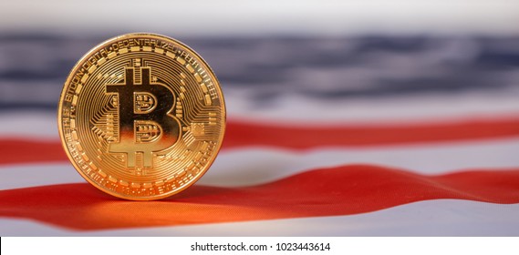 Bitcoin over United States of America flag.
