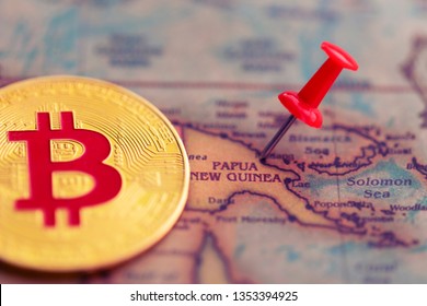 Bitcoin And Pushpin On Papua New Guinea (world Map). Selective Focus. Investment, Mining Of Bitcoin In Papua New Guinea Concept.