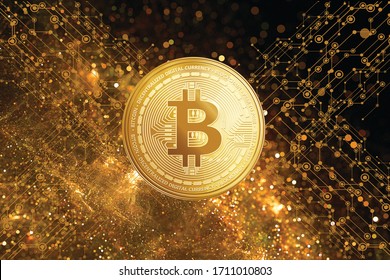 Bitcoin with technological golden background