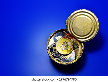 Bitcoin In Tin Can. Keeping Money And Cryptocurrency In Metal Food Can. Сrypto Coin XRP Ripple, Ethereum Is Hidden In Container. BTC Mining Cryptocurrency And Investing In Blockchain 