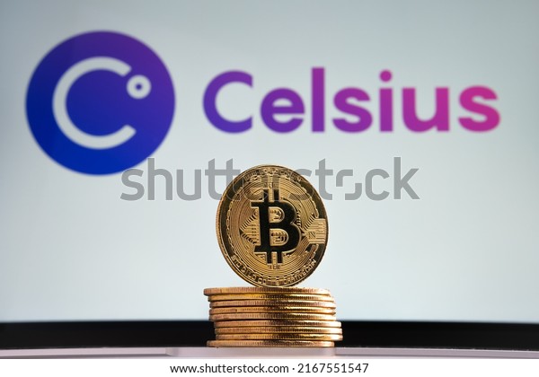 Bitcoin tokens seen in front and blurred Celsius\
crypto company logo on the blurred background. Stafford, United\
Kingdom, July 14, 2022