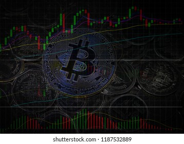 Bitcoin trading cryptocurrency and forex graph ladder on black dark money coin background / chart virtual financial growth concept 