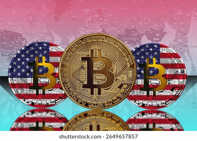 Bitcoin and U.S. Influence on Global Crypto Market , Digital illustration of Bitcoin with American flags and a global map background, reflecting the international reach of U.S.-led blockchain 