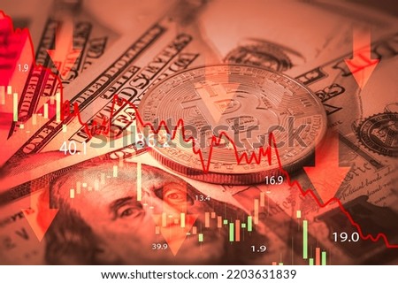 Bitcoin and USD dollar banknote with red graph stock market chart and down arrow , Economic downturn and recession concept.