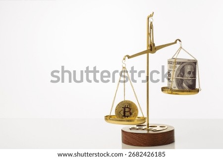 Bitcoin value increase trend. The coin outweighs the balance. On another bowl a stack of hundred dollar bills. White background - image