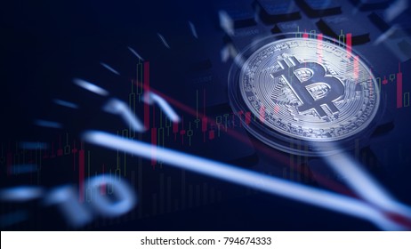 Bitcoin, Virtual Digital money coin on keyboard with Candle stick graph chart and analog clock background