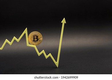 Bitcoin volatility. Fluctuations and forecasting of the cryptocurrency rate. Bitcoin coin on the price chart points up. on black background, copy space