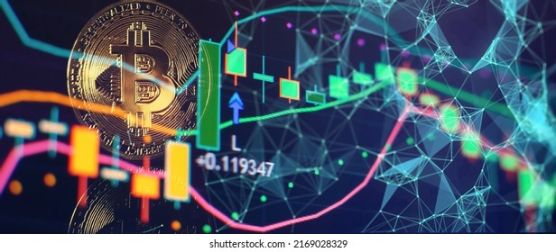 Bitcoins With Candle Stick Graph Chart And Digital Background. Mining Or Block Chain Technology.